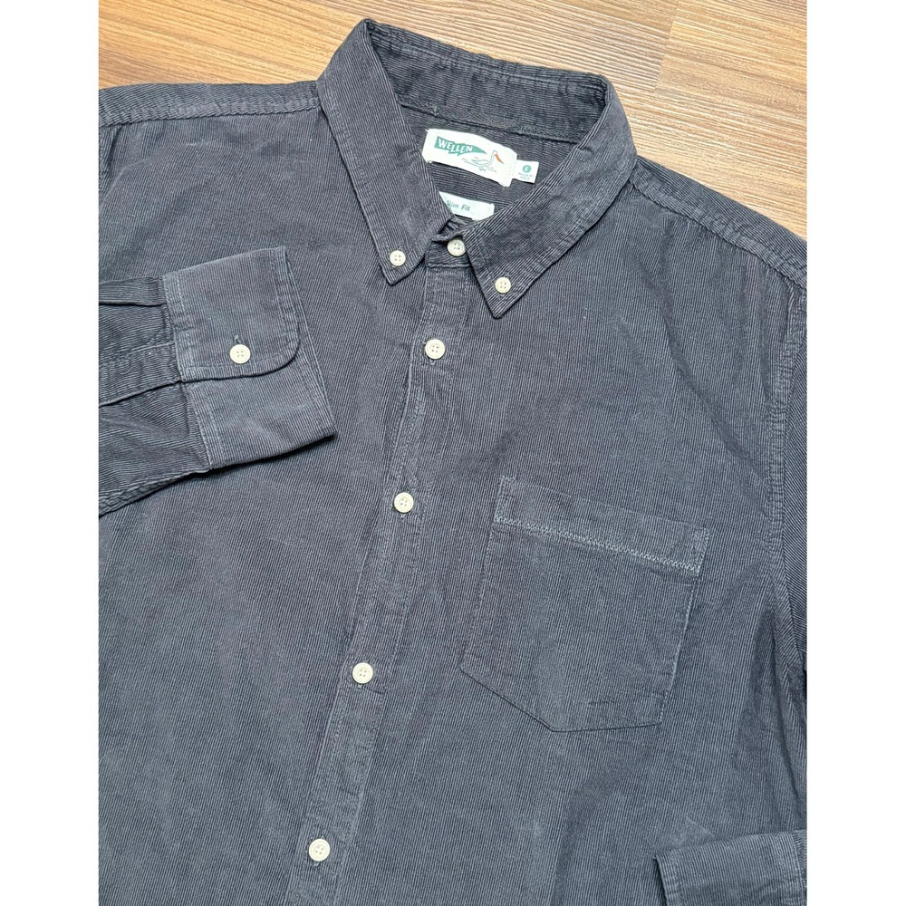 Wellen Slim Fit Corduroy Button Down Shirt Charcoal Grey Organic Cotton Sz L - Picture 1 of 10